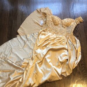 Gold Sequin Open Bodice Sheer Corset Satiny Princess Belle Formal Gown with Sash